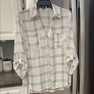 BCX White and Black Plaid Sheer Blouse